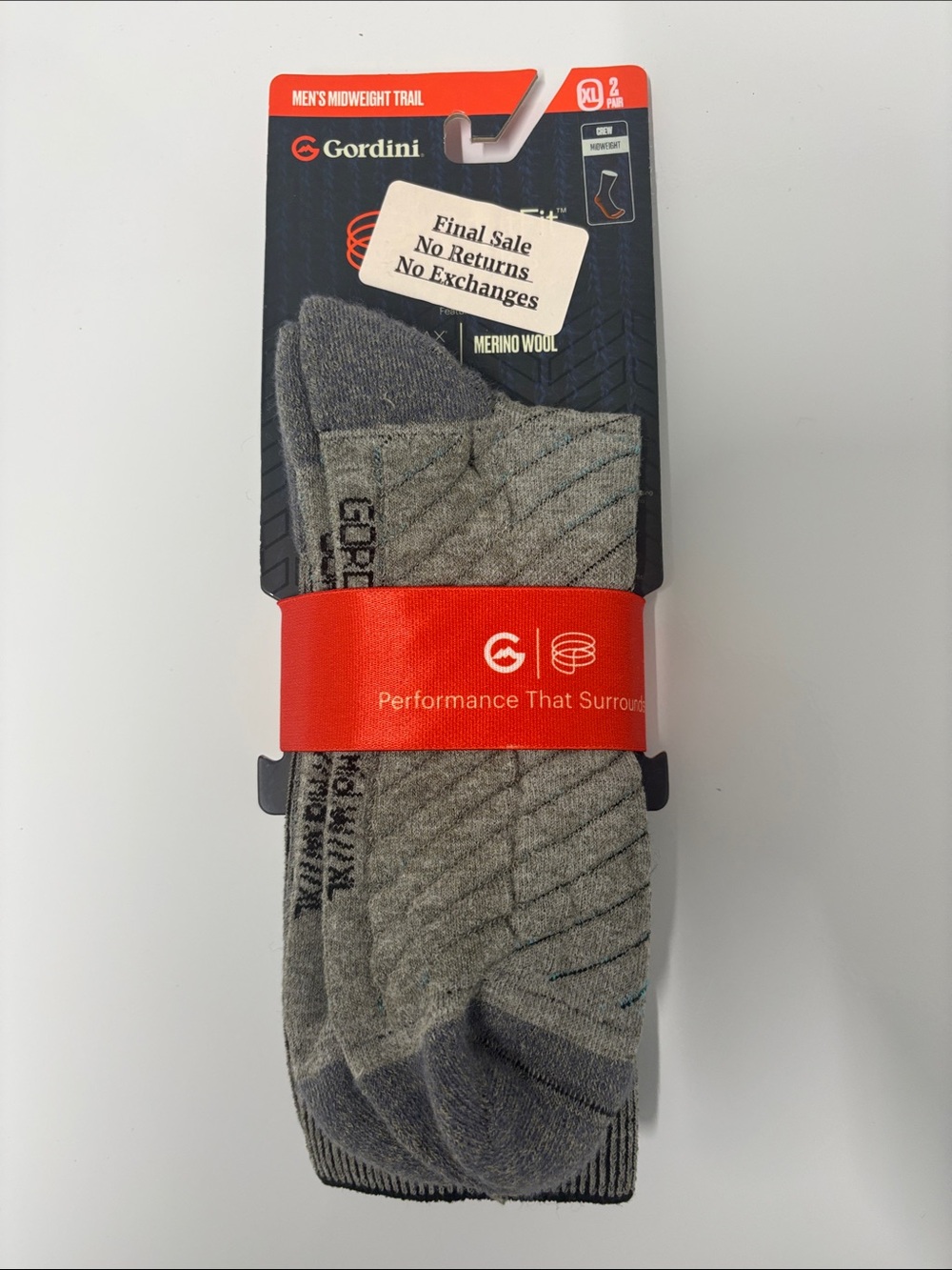 Gordini Men's 2 pair pack mid weight trail crew sock size XL Seneca NWT